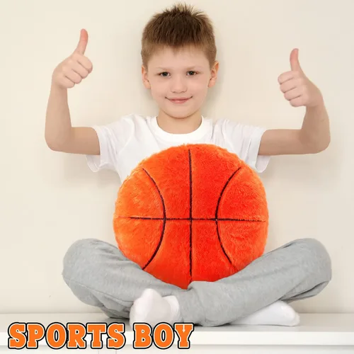 Miniatura 5 de Jetec 2 piezas de almohada de baloncesto esponjosa suave y adorable con forma de baloncesto, cojín deportivo decorativo redondo de felpa con tema
