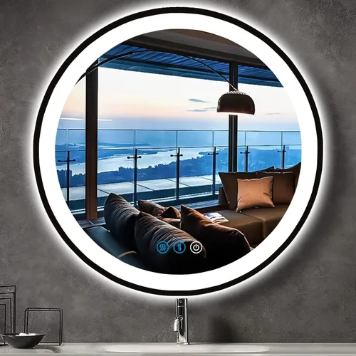 Miniatura 11 de Espejo de baño LED redondo con marco negro de 32 pulgadas, antiempañamiento, memoria inteligente de 3 colores, brillo frontal ajustable de 32