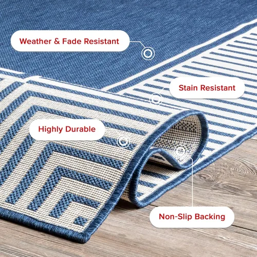 Miniatura 7 de nuLOOM Tapete de área para exteriores, diseño informal con borde a rayas, resistente a las manchas, altamente duradero, para patio, balcón, Azul
