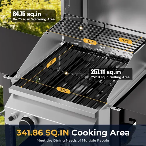 Miniatura 2 de Electactic Parrilla de gas propano de 2 quemadores, parrilla de barbacoa de acero inoxidable de 16,000 BTU con mesas laterales plegables, diseño