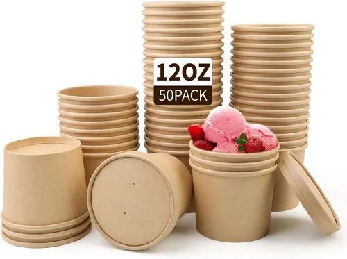 Miniatura 13 de Wuadua Paquete de 50 recipientes desechables de papel de 8 onzas con tapas, cuencos de sopa para llevar para fideos, ensalada, restaurante