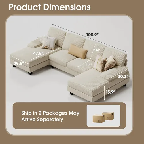 Miniatura 2 de Furmax - Sofás seccionales para sala de estar, sofá en forma de U con tela de lino, juego de sofá de 4 plazas con doble chaise para apartamento Beige