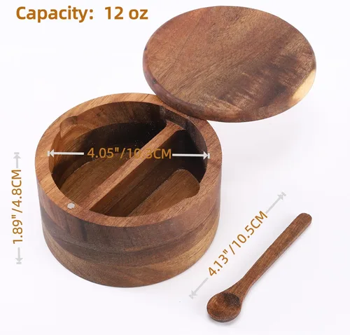 Miniatura 3 de Cuenco de Madera de Acacia para Sal y Pimienta, Salero de Madera Natural y Caja de Almacenamiento de Especias con Cuchara Incorporada y Tapa Dos