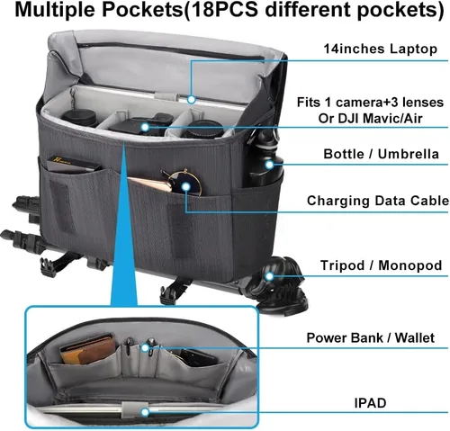 Miniatura 2 de CADeN Bolsa de hombro para cámara con compartimento para portátil de 14 pulgadas, soporte para trípode, compatible con Nikon, Canon, Sony, cámaras