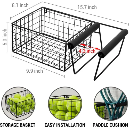 Miniatura 5 de MyGift Raqueta de tenis de metal colgante y cesta de almacenamiento de pelota de tenis, soporte de raqueta montado en la pared