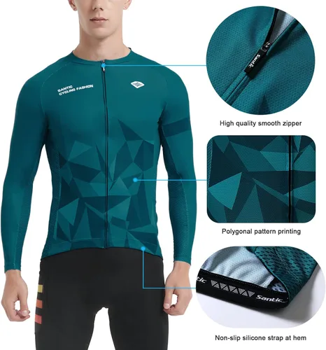Miniatura 53 de Santic - Camiseta de ciclismo para hombre, manga larga, reflejante, cremallera completa, con bolsillos