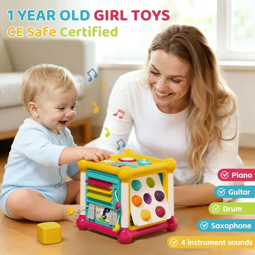 Miniatura 2 de Cubo de Actividades para Bebés, Juguetes de Cubo para Bebés de 6-12 Meses, Tablero Ocupado Musical para Niños Pequeños con 4 Bloques de Formas
