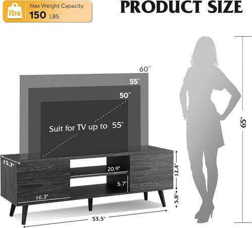 Miniatura 3 de WLIVE Soporte de TV moderno Mid-Century para TV de 55/60 pulgadas, centro de entretenimiento con almacenamiento y estantes ajustables, consola Negro