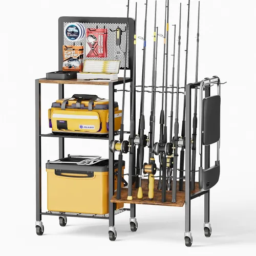 Miniatura 9 de Olakee Soportes para caña de pescar para garaje, soporte para caña de pescar, carrito rodante con organizador de almacenamiento de aparejos