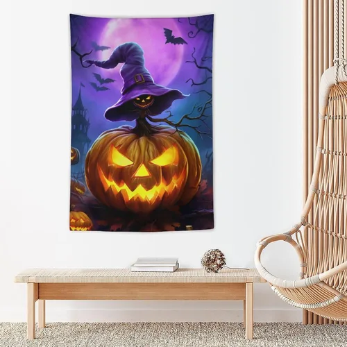 Miniatura 5 de josnmre Tapiz morado con diseño de murciélago y fantasía, fantasma, para colgar en la pared, divertido tapiz de pared de calabaza para dormitorio