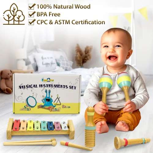 Miniatura 3 de MINIARTIS Juego de instrumentos musicales para bebés – Juguetes musicales Montessori para niños pequeños de 1 a 3 años Xilófono bohemio moderno