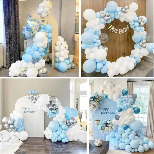 Miniatura 6 de Kit de arco de globos azules y blancos, 120 guirnaldas de globos azul claro pastel, globos de látex de 18, 12, 10, 5 pulgadas para niños