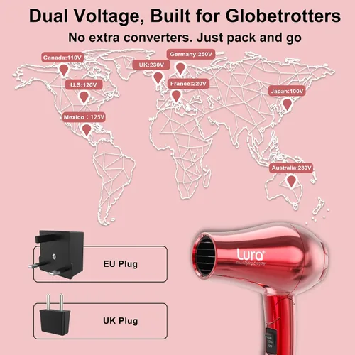Miniatura 3 de LURA Secador de pelo automático de viaje de doble voltaje con difusor, secador de pelo de viaje mini con enchufe de la UE y enchufe del Reino Unido