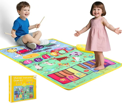Alfombrilla de piano con sonidos musicales de animales de granja para niños, juguete educativo sensorial de aprendizaje con batería para niños
