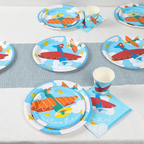 Miniatura 5 de Decoraciones de fiesta de cumpleaños de avión (sirve 24) platos llanos, platos de postre, vasos, servilletas. Cómo vuela el tiempo para baby shower