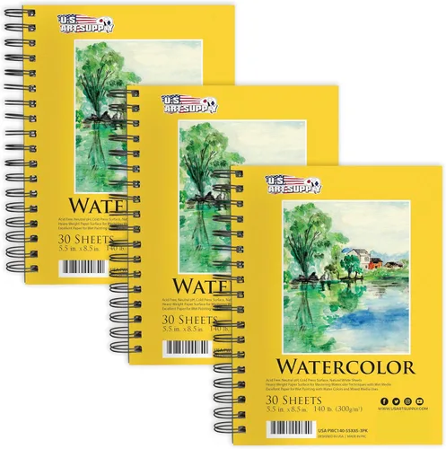U.S. Art Supply Bloc de papel de acuarela pesado de alta calidad de 5.5 x 8.5 pulgadas, paquete de 3 (30 hojas cada uno), 140 libras (10.58 oz/m²),