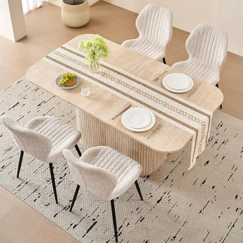 Miniatura 8 de Juego de 4 mesas de comedor grandes de 63 pulgadas para 4, esquinas redondeadas, mesa de cocina rectangular moderna de madera con sillas Boucle