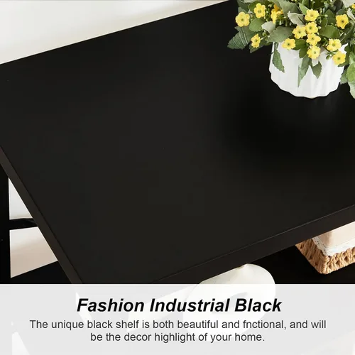 Miniatura 5 de HOMBAZAAR - Estantería de 3 niveles, estantería industrial negra, estanterías profundas de madera y metal de ingeniería, estantería baja para sala