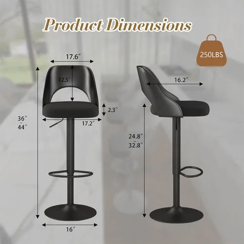 Miniatura 3 de HENGJIANYI Taburete de bar giratorio ajustable en altura con respaldo hueco, silla tapizada con base de metal negro, asiento negro