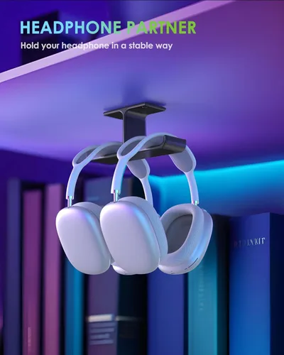 Miniatura 3 de Soporte de aluminio para auriculares debajo del escritorio, soporte doble para auriculares con adhesivo de resistencia industrial y montaje
