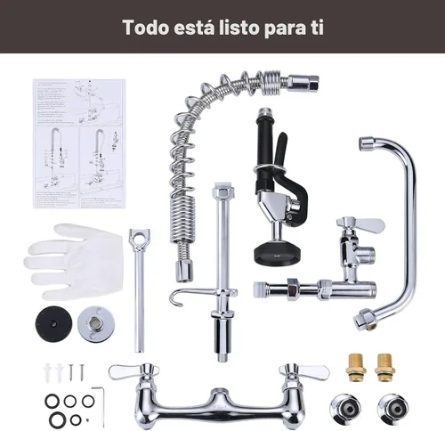 Miniatura 9 de Grifo de Cocina Comercial de Montaje en Pared con Rociador de Preenjuague Centro de 8 Pulgadas Grifo de Fregadero de Cocina de Montaje en Pared