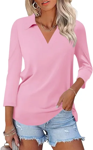Miniatura 12 de TICTICMISS - Camisas polo de cuello en V para mujer, manga 3/4, con cuello, tops casuales de negocios, tops de verano a la moda, holgados