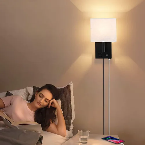 Miniatura 6 de Aplique de pared enchufable, lámpara de pared de cabecera con enchufe e interruptor regulable, con puerto de carga USB y enchufe, adecuado para Negro