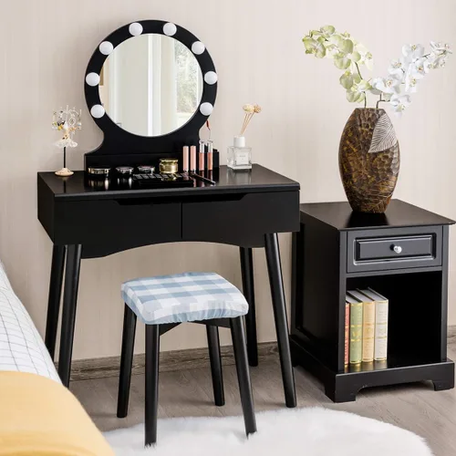 Miniatura 3 de Set de mesa de tocador Giantex con 8 bombillas y interruptor táctil, mesa de maquillaje para niñas princesa con espejo redondo grande, 2 cajones