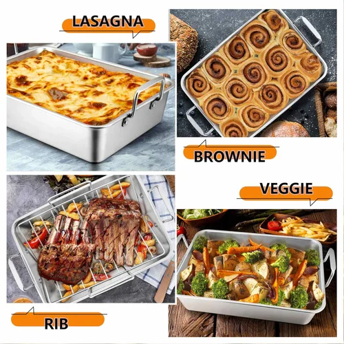 Miniatura 6 de LIANYU Sartén para asar pavo de 14 pulgadas, con 2 estantes, de acero inoxidable resistente, para lasaña profunda, para pavo, pollo, lavavajillas