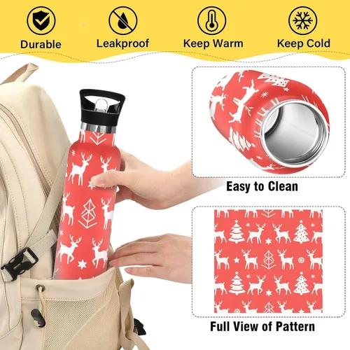 Miniatura 4 de Merry Christmas White Snowflakes Elk Leakproof and BPA Free Kids' Metal Water Bottle with Straw Lid Double Wall Vacuum Insulated Bottles for Travel