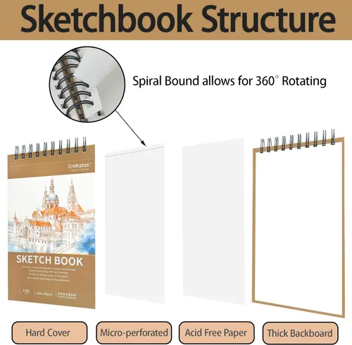 Miniatura 3 de Crehatos Cuaderno de bocetos pequeño de 5.5 x 8.5 pulgadas, bloc de bocetos encuadernado en espiral superior, 100 hojas cada uno de papel de dibujo