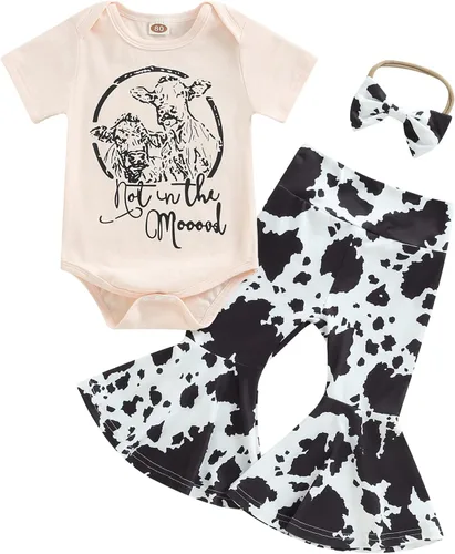 Miniatura 22 de fhutpw Conjunto de camiseta de manga corta con estampado de vaca y pantalones acampanados de dibujos animados para niñas