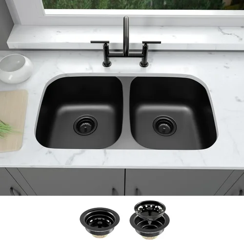 Miniatura 13 de LQS Fregadero de cocina dorado de 32 x 18 pulgadas, fregaderos de cocina empotrados, fregaderos de acero inoxidable de doble tazón 50/50