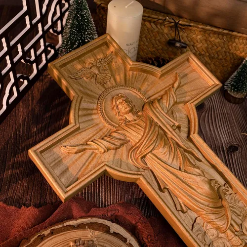 Miniatura 6 de BGCOPPER Cruz de pared de Jesús, crucifijo de madera hecha a mano para decoración de pared para el hogar, habitación navideña, regalo de Navidad