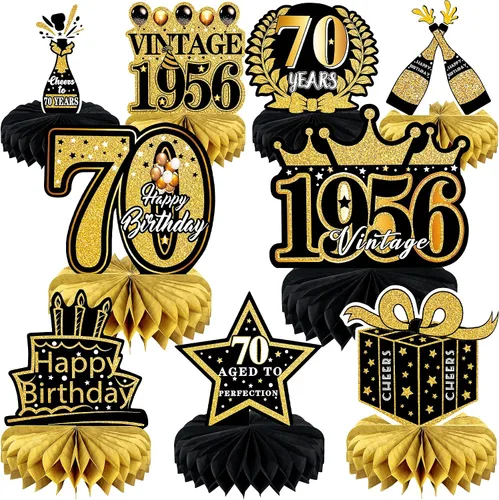 9 piezas de decoración de cumpleaños 70 para hombres y mujeres, centros de mesa de nido de abeja de feliz cumpleaños 70, decoración de mesa de 70 -