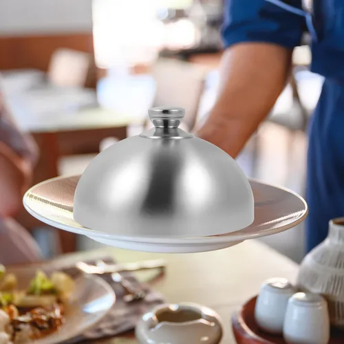Miniatura 2 de Hemoton Cubierta de acero inoxidable de 10 pulgadas para alimentos, tapa de cúpula con asa para filete Teppanyaki antisalpicaduras de aceite, tapa