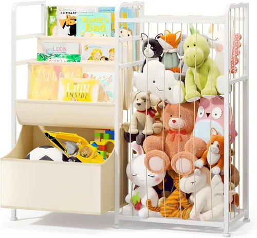 BBLIKE Estantería para niños y almacenamiento de animales de peluche, estantes multifuncionales para libros de guardería con caja de juguetes y Beige