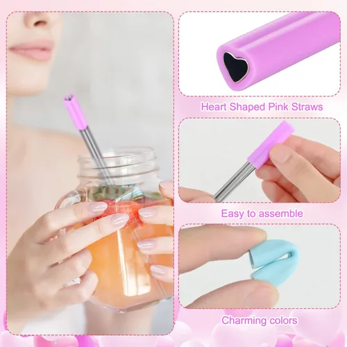 Miniatura 4 de Jutom Paquete de 16 pajitas de metal con forma de corazón, reutilizables, de acero inoxidable con puntas de silicona, lindas con 2 cepillos