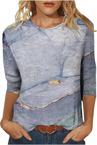 Miniatura 16 de Camisas de manga 3/4 para mujer, blusas casuales de verano 2026, cuello redondo, estampado floral, lindas, blusas holgadas 02 Beige