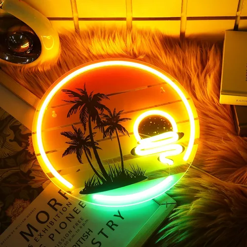 Miniatura 4 de Glooglitter Letrero de neón tropical de 11.8 pulgadas, palmera y puesta de sol, luz de neón para decoración de pared, coloridos letreros de barra