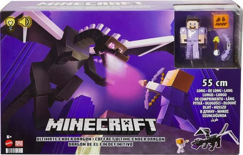 Miniatura 7 de Mattel Minecraft Ultimate Ender Dragon - Figura de dragón de 20 pulgadas, criatura que respira la niebla, más figura de Steve con cambio
