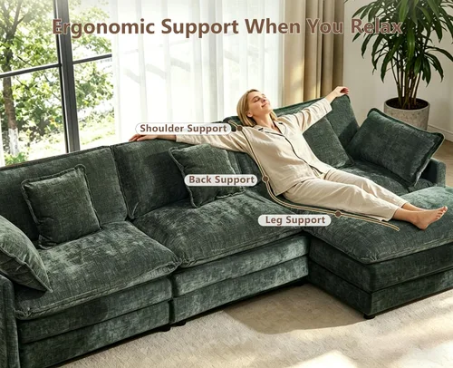 Miniatura 7 de Sofá modular modular de felpilla de asiento profundo, sofá en forma de L con almohadas y otomana móvil, cómodos sofás seccionales de nube de 3 Verde