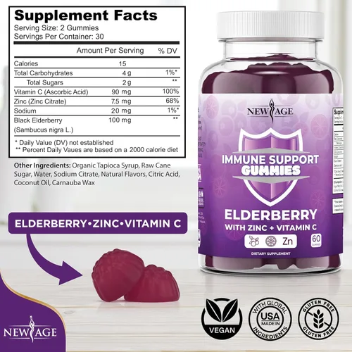Miniatura 2 de NEW AGE Gomitas de apoyo al sistema inmunológico, gomitas Sambucus Black Elderberry con vitamina C y zinc (120 unidades (paquete de 2))