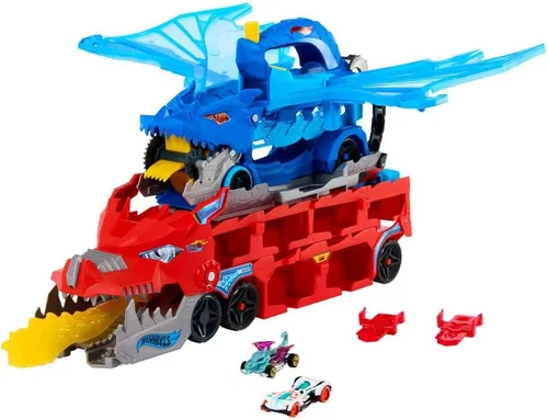 Miniatura 6 de Hot Wheels City Toy Car Track Set, Ultimate Dual Dragon Transporter y 2 autos fundidos a presión, dragón desmontable y a gran escala, almacena más