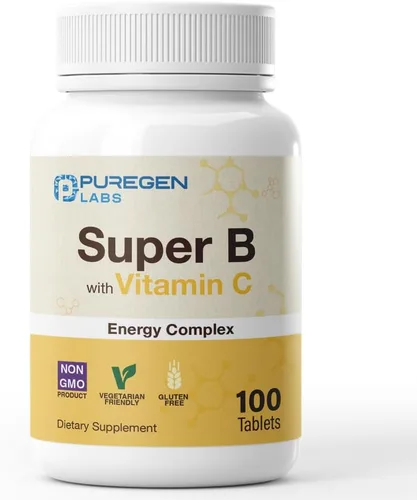 Puregen Labs Super B Energy Complex con vitamina C - Salud inmunológica, energía y apoyo del sistema nervioso - Sin OMG, sin gluten, 100 tabletas