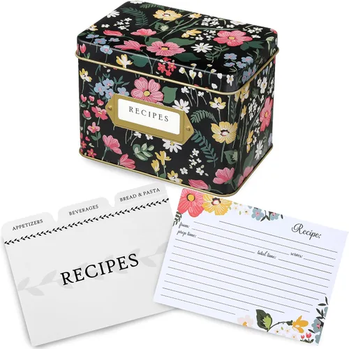 Miniatura 11 de Jot & Mark Caja de regalo para tarjetas de recetas, 50 tarjetas de 4 x 6 pulgadas, 14 divisores, caja de lata decorativa, patrón floral