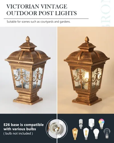 Miniatura 5 de Paquete de 2 luces de poste para exteriores, lámpara de poste de bronce, luces de calle antiguas para patio, jardín, césped de cerca, camino