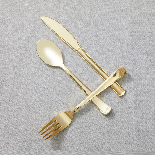 Miniatura 5 de N9R Juego de cubiertos de plástico dorado de 160 piezas, juego de cubiertos de plástico dorado, 80 tenedores, 40 cucharas, 40 cuchillos, juego