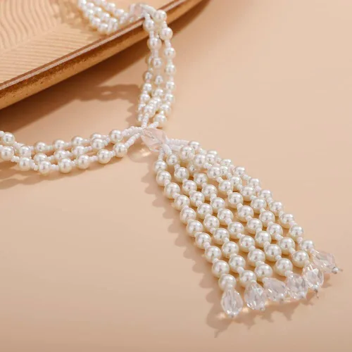 Miniatura 4 de Aimimier Collar bohemio de 3 hebras de perlas sintéticas con nudo de perlas