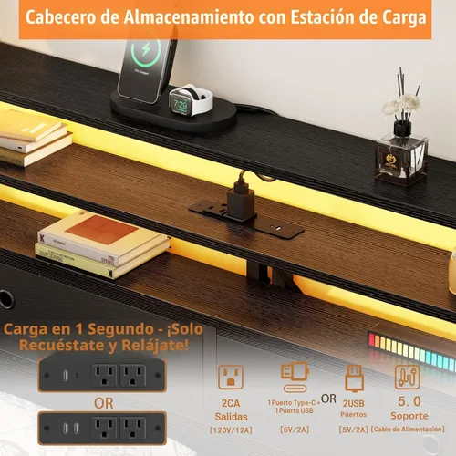 Miniatura 5 de Furnulem Base de cama tamaño completo con cabecero y 2 cajones de tela, cama de plataforma completa con luces LED, estación de carga integrada